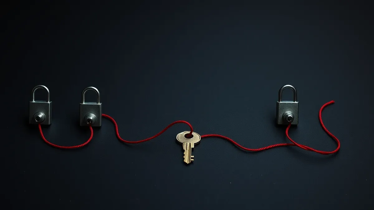 Illustration: A single key sits on a table, connected by red threads to several distinct door locks.