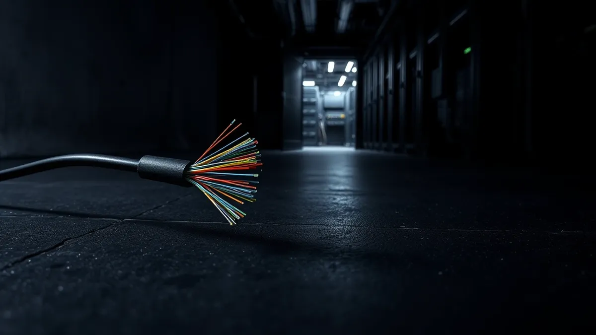Illustration: A thick black fiber optic cable snakes across a concrete floor, its severed end revealing a bundle of colorful glass strands.