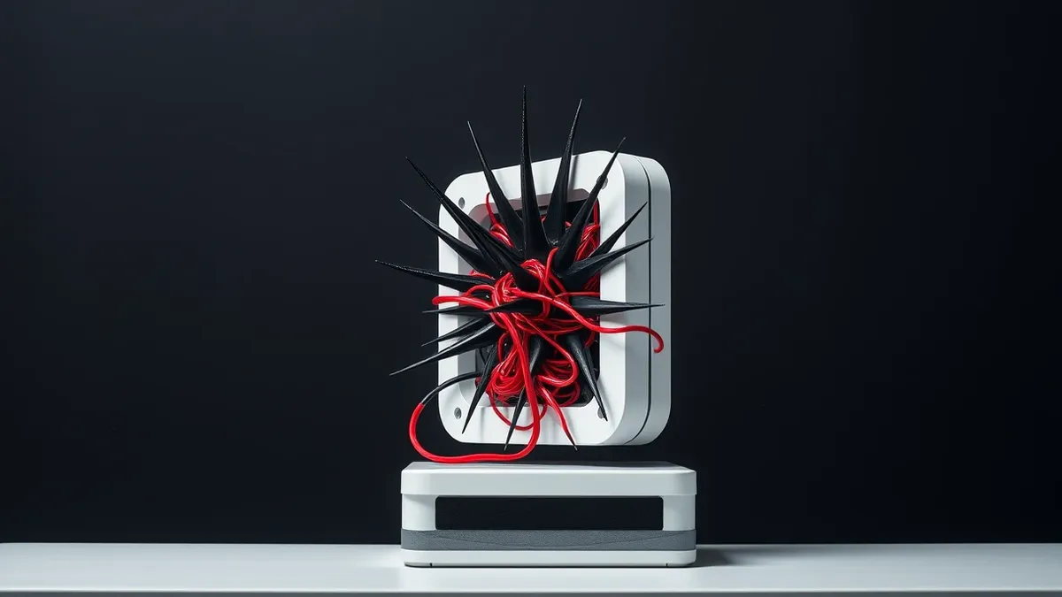 Illustration: A pristine office desktop sits beneath a sleek, harmless-looking software icon that visually splits open to reveal tangled, jagged black spikes and chaotic red wires
