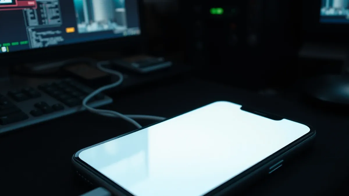 Illustration: A smartphone rests on a cluttered desk, its blank screen reflecting the faint glow of nearby monitor displays.