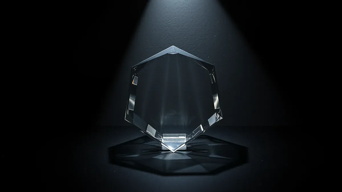 Illustration: A transparent geometric prism sits on a dark surface, casting complex shadow patterns that mirror its own internal structure rather than the wall behind it.