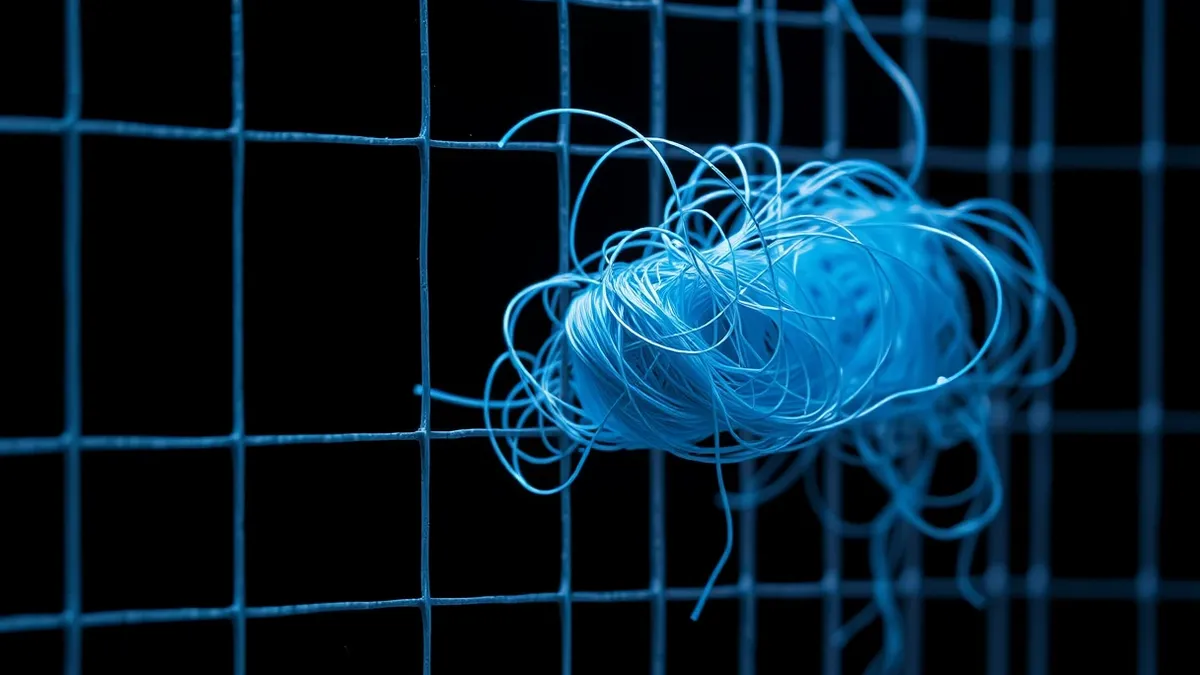 Illustration: A tangled knot of thin, glowing blue threads weaves through a rigid, transparent grid structure, slipping unnoticed between the solid bars.