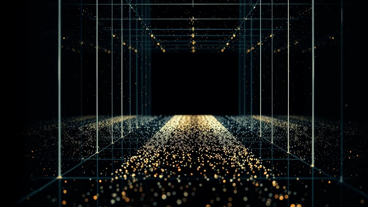 Illustration: A transparent glass maze with numerous small glowing dots moving through its corridors.