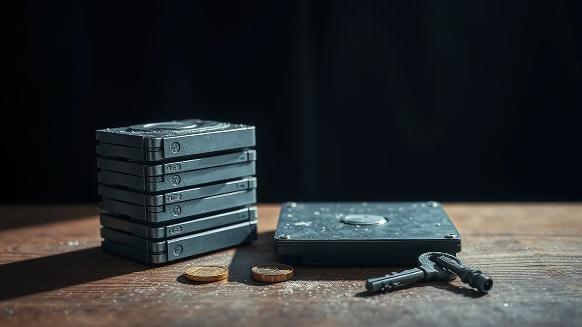 Illustration: A stack of old computer hard drives sits on a wooden table next to a single golden coin and a faded real estate key.