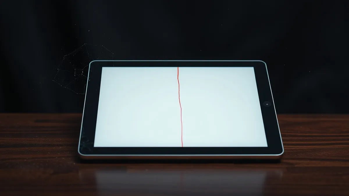 Illustration: A cracked tablet screen rests on a wooden desk, displaying a blank interface with a single, jagged red line slicing through the center.