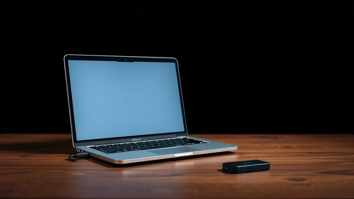 Illustration: A laptop sits on a wooden desk with its screen displaying only abstract geometric shapes.