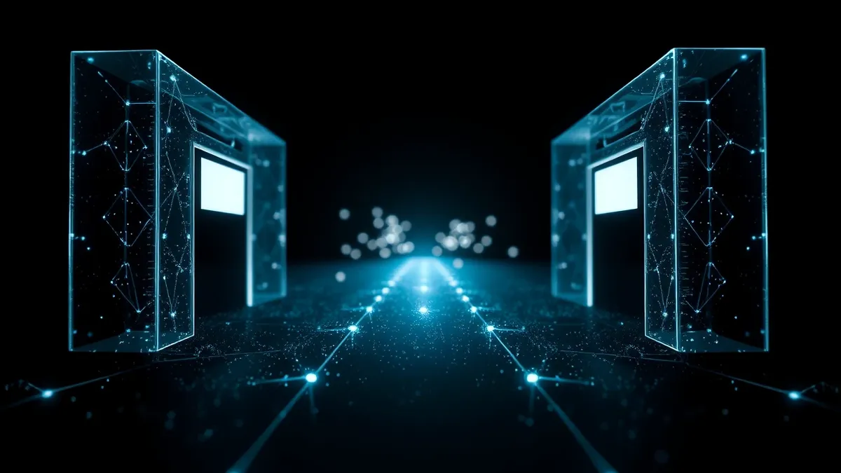 Illustration: A translucent tunnel of light connects two generic network gateways.
