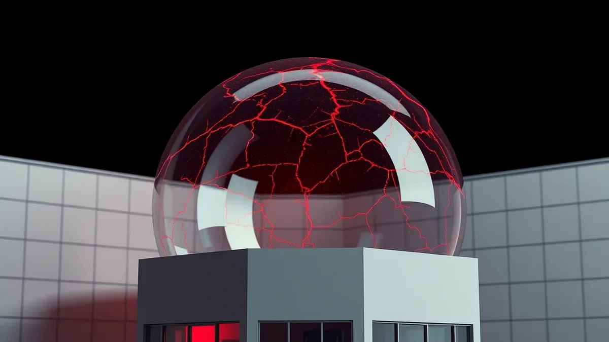 Illustration: A transparent glass dome hovers over a generic office building, its surface covered in glowing red cracks that stop abruptly at the interior walls.