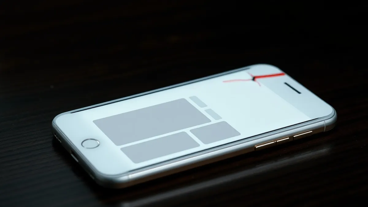 Illustration: A blank white smartphone rests on a wooden table, its screen displaying a generic web browser window with abstract gray layout blocks.
