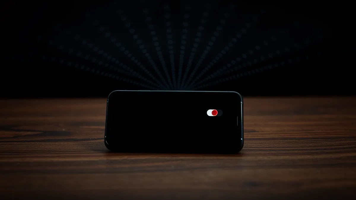 Illustration: A smartphone rests on a wooden table with its screen displaying a blank map interface and a large red toggle switch in the off position.