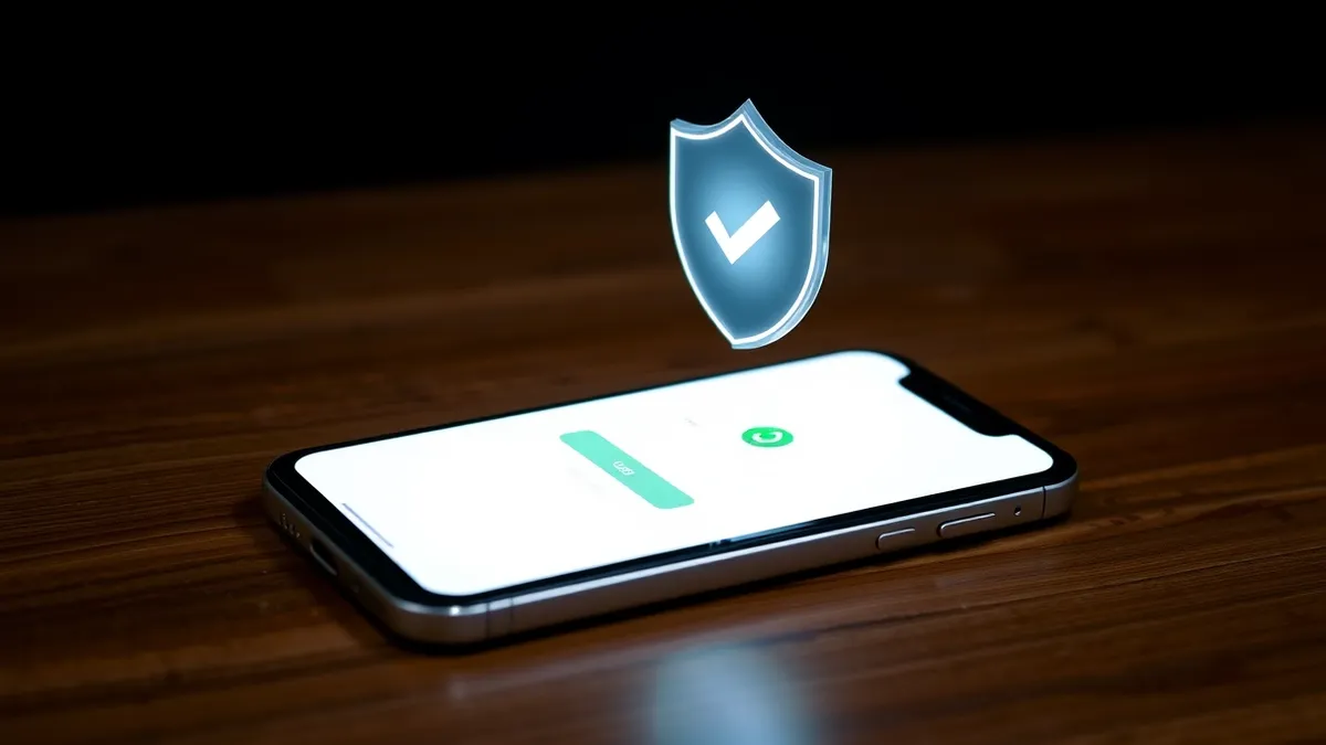 Illustration: A sleek smartphone rests on a wooden table, its screen displaying a blank white login box with a single green checkmark icon.