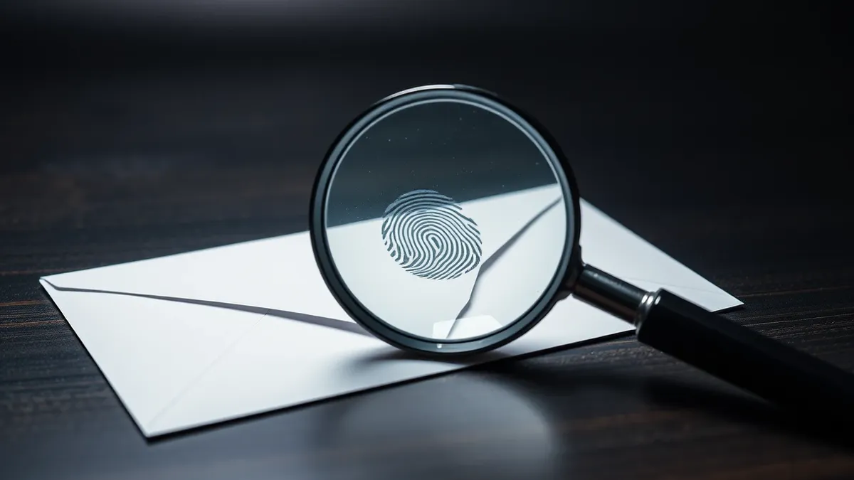 Illustration: A blank envelope sits on a wooden desk next to a magnifying glass.