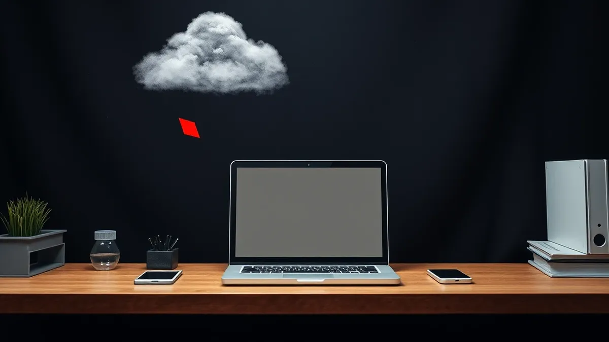 Illustration: A small office desk holds a generic laptop and a single sheet of blank paper.