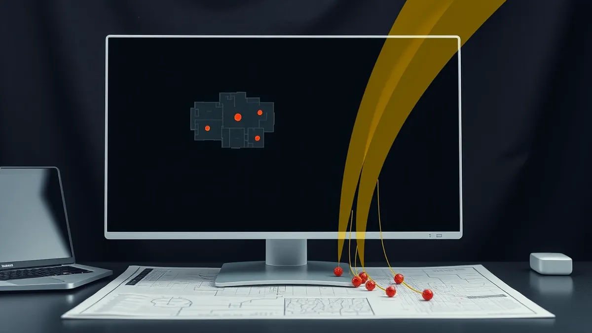 Illustration: A sleek white monitor sits on a desk displaying a map of a building floor plan with small red dots marking specific rooms.