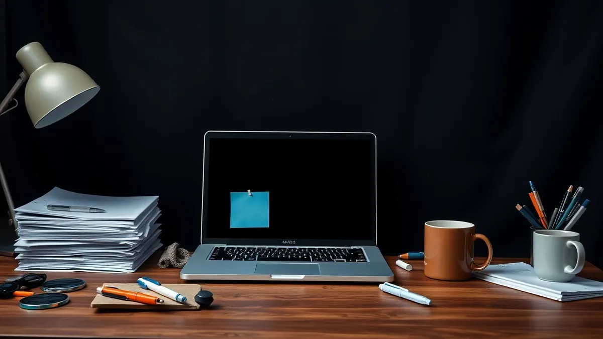 Illustration: A cluttered home office desk holds a single laptop and a stack of blank white folders.