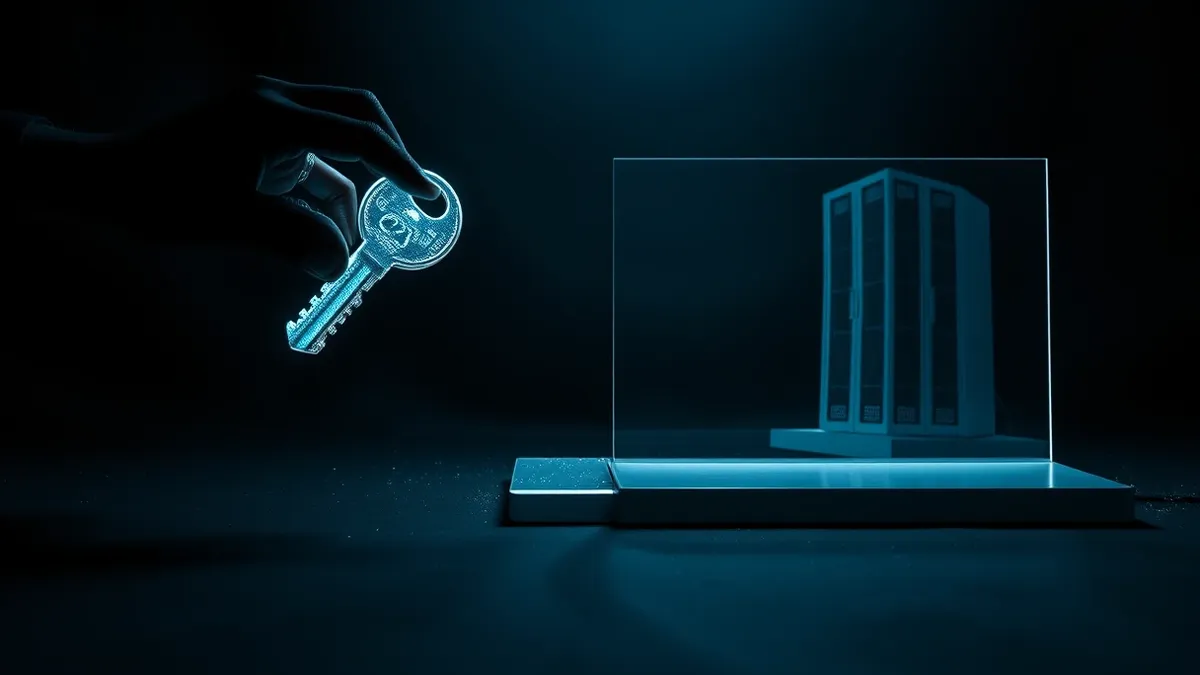 Illustration: A transparent glass pane splits a digital landscape.