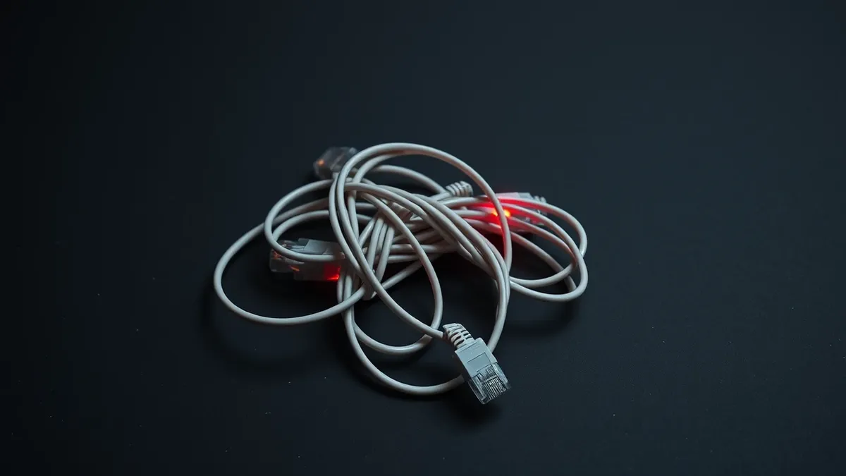 Illustration: A tangled bundle of ethernet cables forms a chaotic knot on a dark floor, with two distinct strands looping back into themselves to create closed circuits.