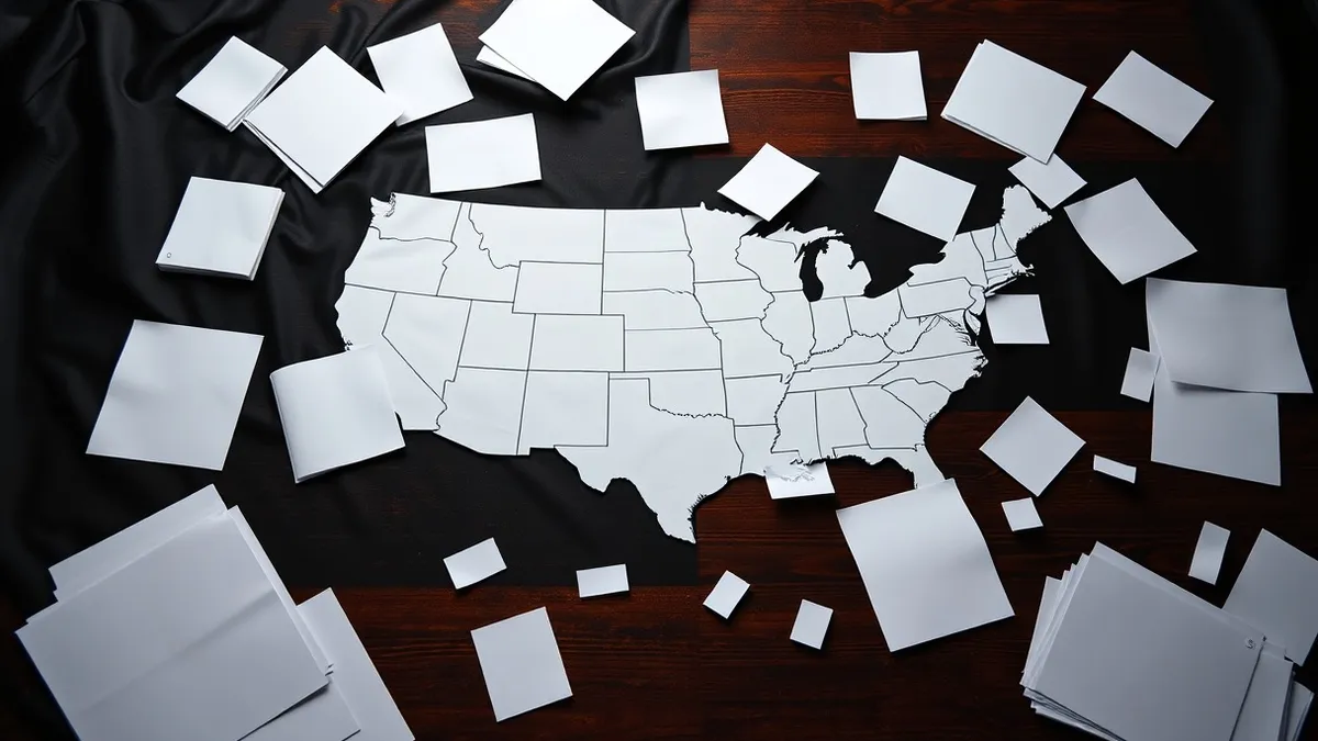 Illustration: A scattered mosaic of blank white papers and empty file folders lies on a wooden desk, symbolizing fragmented data deletion laws across the United States, with no sin