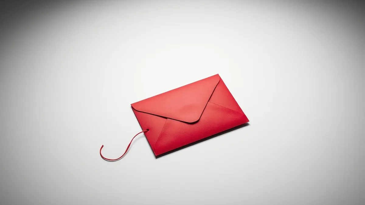 Illustration: A single red envelope rests on a stark white desk, its seal unbroken but a thin wire trailing from the corner into the shadows.