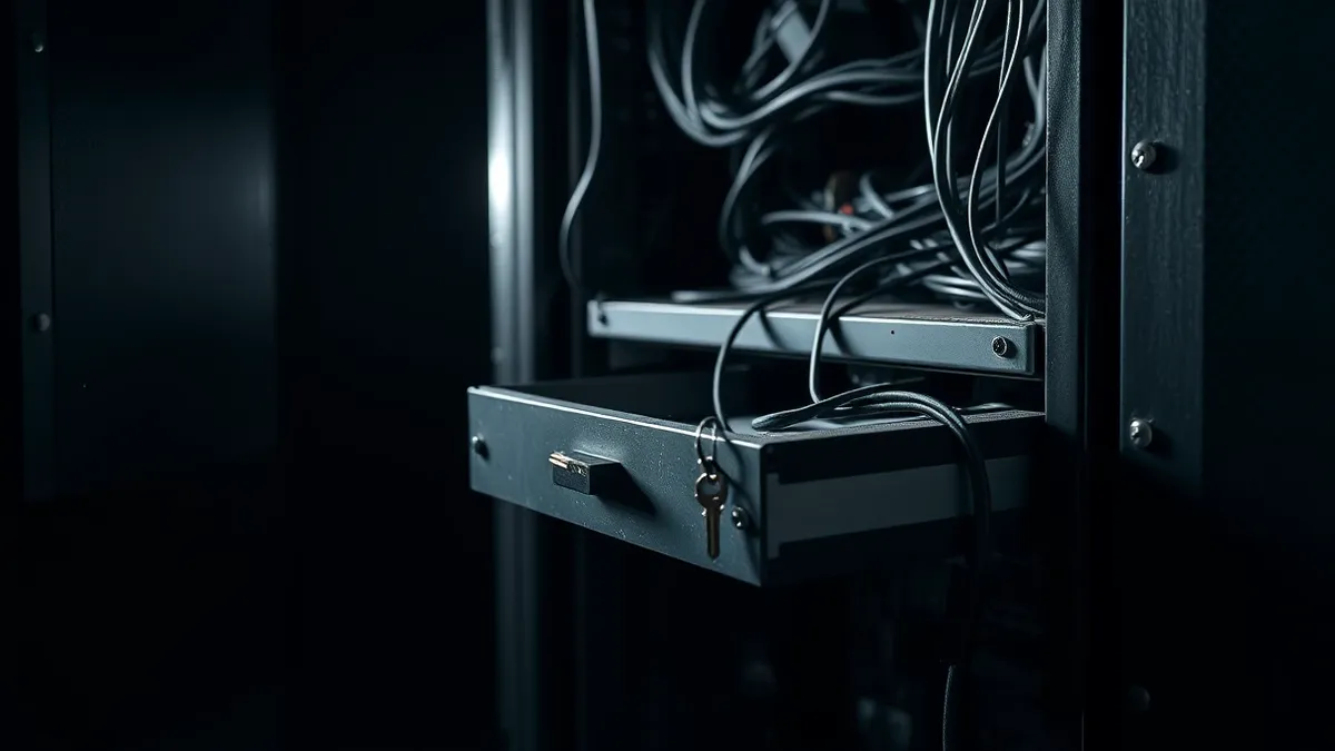 Illustration: A cluttered server cabinet with tangled cables sits in a dimly lit room.