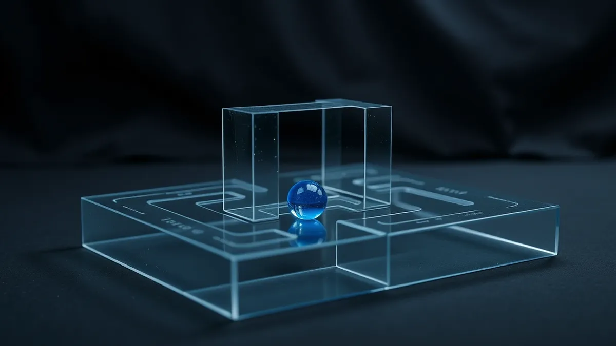 Illustration: A transparent glass maze sits on a dark desk.
