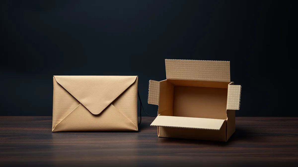 Illustration: A wooden desk holds two distinct objects: a sealed brown envelope resting beside an open, empty cardboard box.