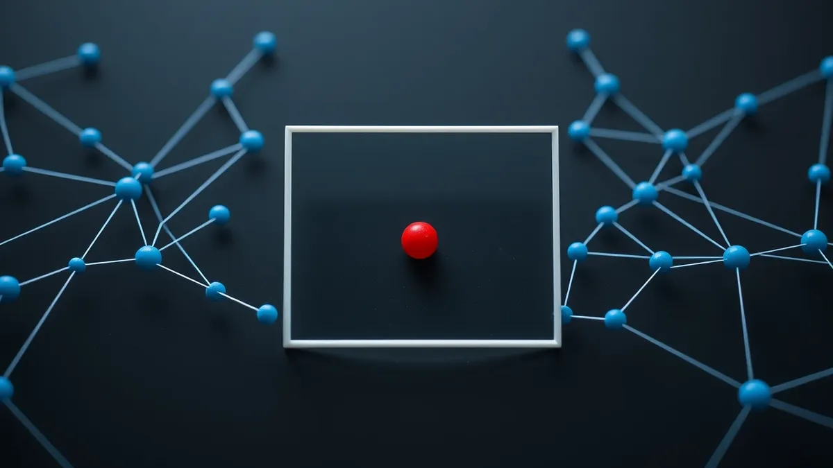 Illustration: A network map shows a single red node isolated within a white geometric wall.