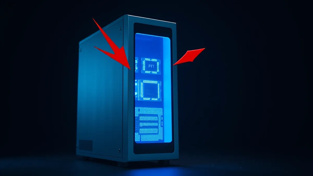 Illustration: A sleek silver server tower stands in a dim room, its front panel glowing with soft blue light.