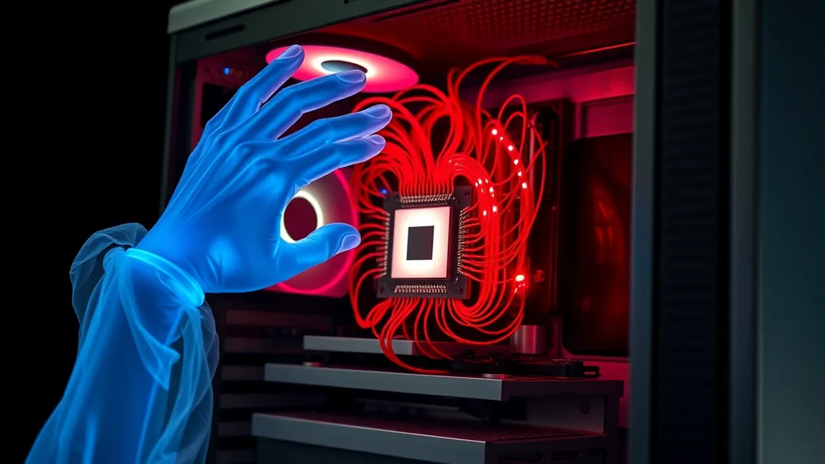 Illustration: A translucent blue ghostly hand grips the side of a silver computer tower.