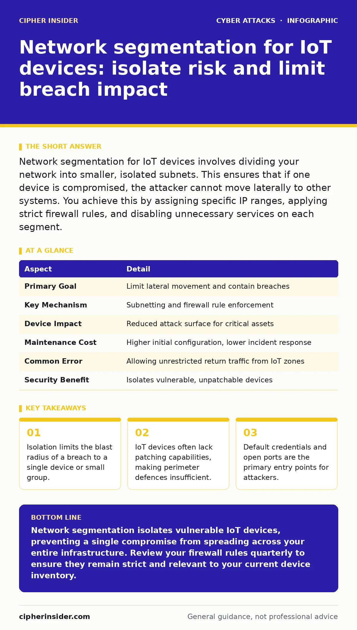 Infographic: Network segmentation for IoT devices: isolate risk and limit breach impact. Isolation limits the blast radius of a breach to a single device or small group. IoT devices often lack patching capabilities, making perimeter defences insufficient. Default credentials and open ports are the p
