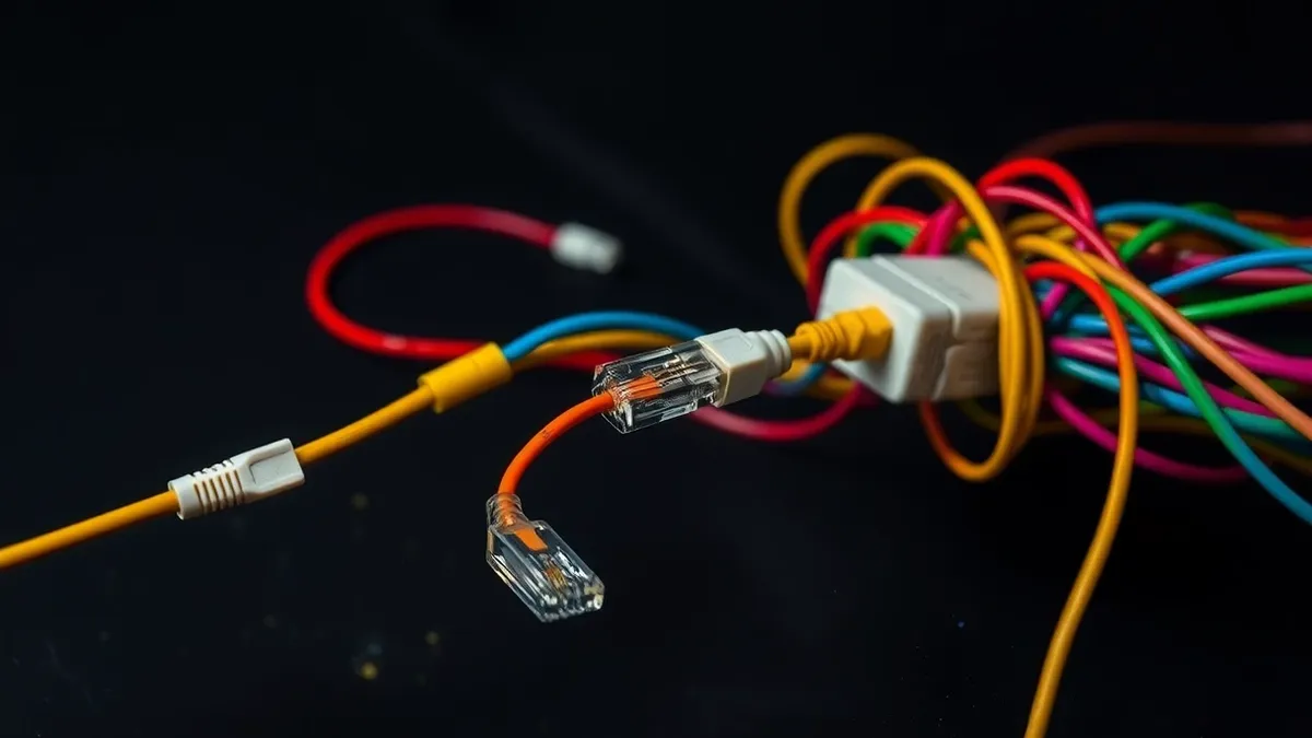 Illustration: A tangled mass of colorful ethernet cables connects various smart sensors to a central hub.
