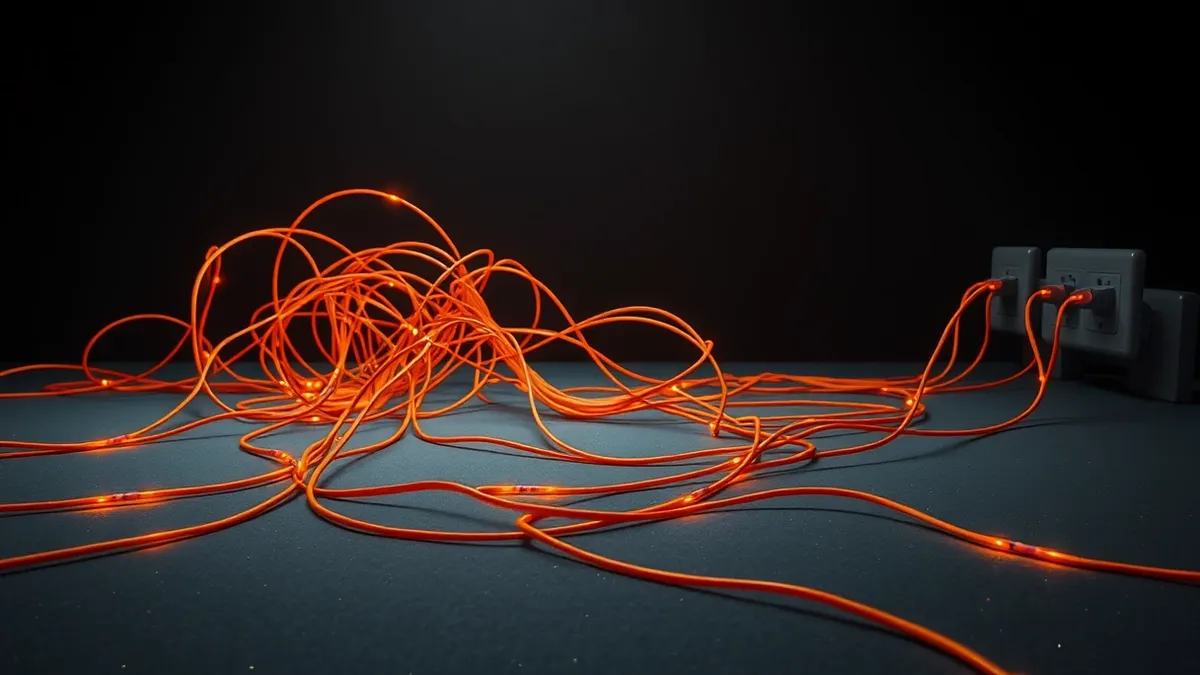 Illustration: A tangled mass of glowing orange cables snakes rapidly across a grey network floor, branching out like roots to plug into empty wall sockets.