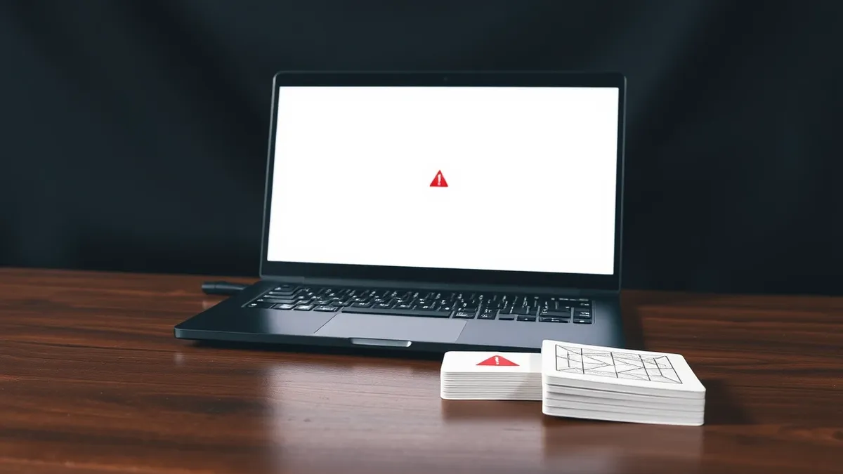 Illustration: A sleek black laptop sits on a wooden desk, its screen displaying a clean white interface with a single red warning icon.