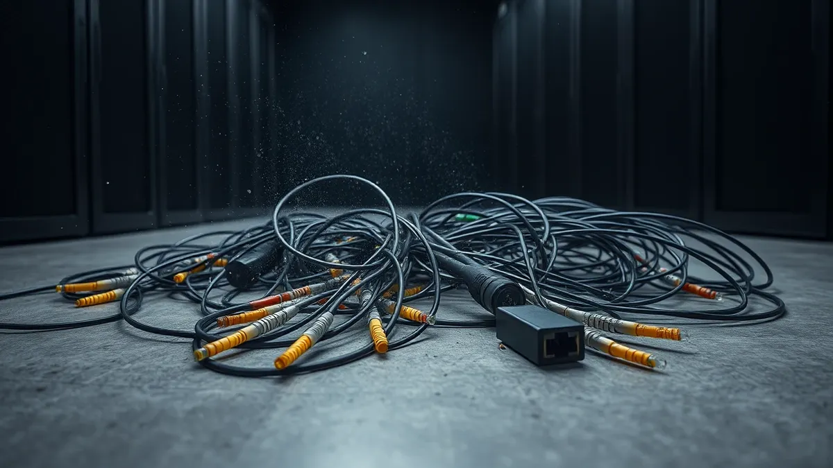 Illustration: A chaotic tangle of severed fiber optic cables spills across a polished concrete floor in an empty server room.