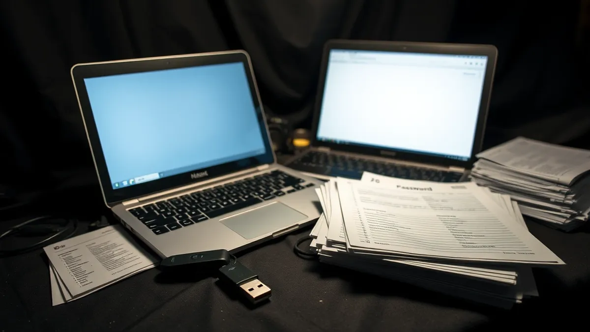 Illustration: A cluttered desk holds a laptop displaying a blank browser window, a stack of printed password lists, and a standard USB drive.