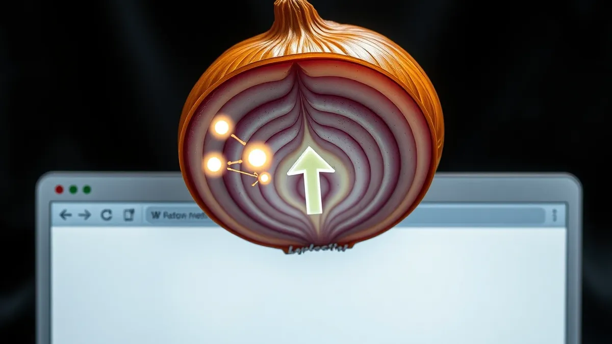 Illustration: A stylized onion with translucent layers floats above a blank web browser window.