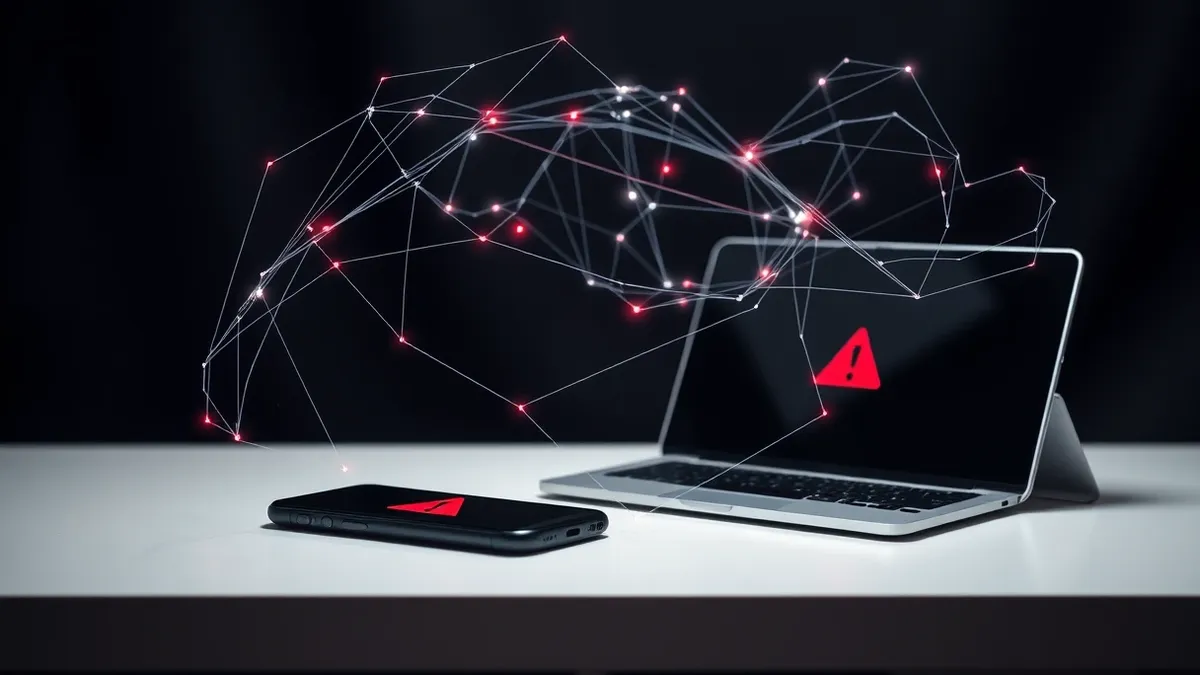 Illustration: A sleek black smartphone rests on a white desk next to a silver tablet, both displaying abstract red warning icons on blank screens.