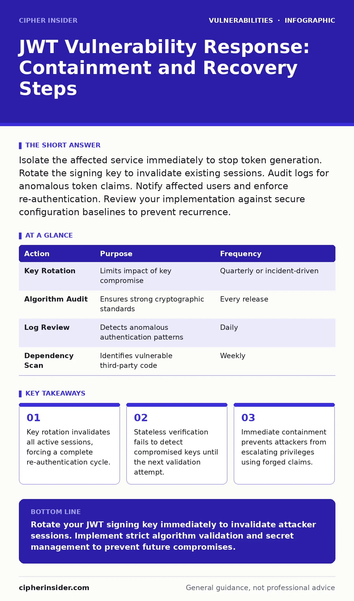 Infographic: JWT Vulnerability Response: Containment and Recovery Steps. Key rotation invalidates all active sessions, forcing a complete re-authentication cycle. Stateless verification fails to detect compromised keys until the next validation attempt. Immediate containment prevents attackers from