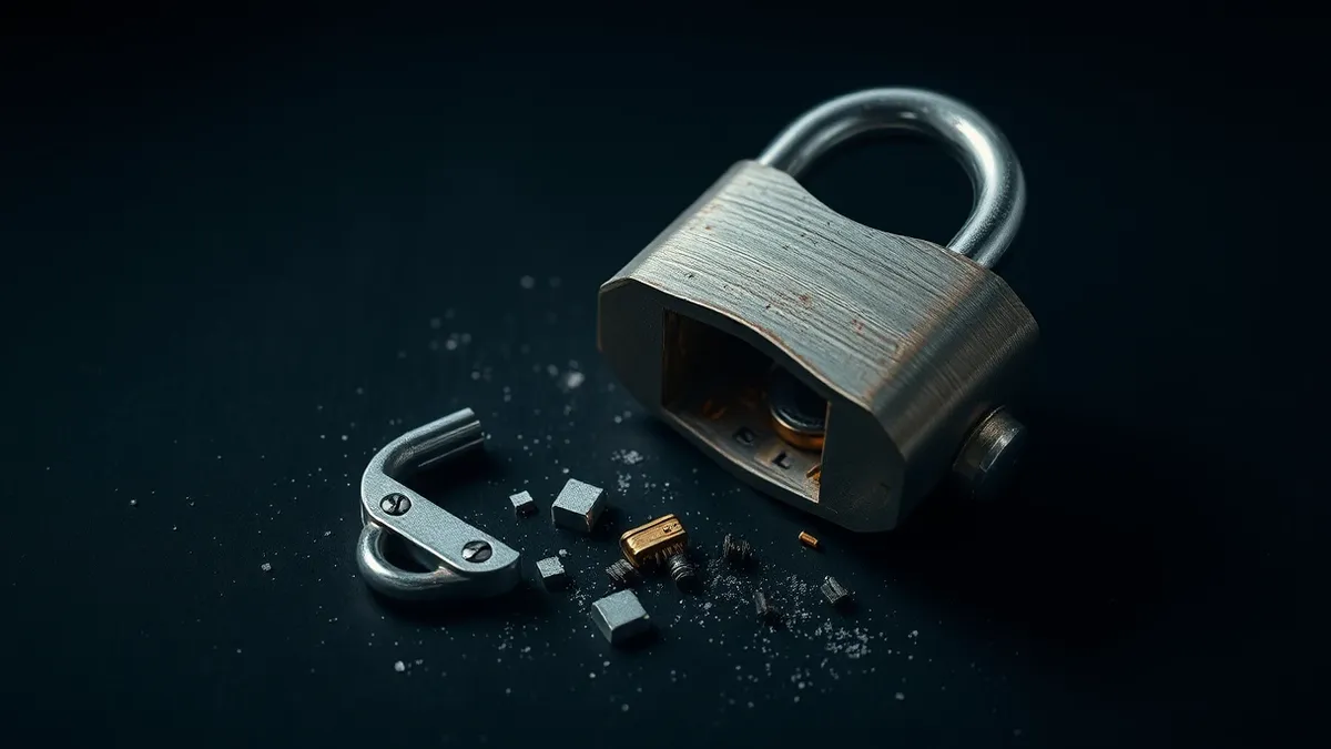 Illustration: A large padlock sits on a dark desk with its shackle broken and lying beside it.