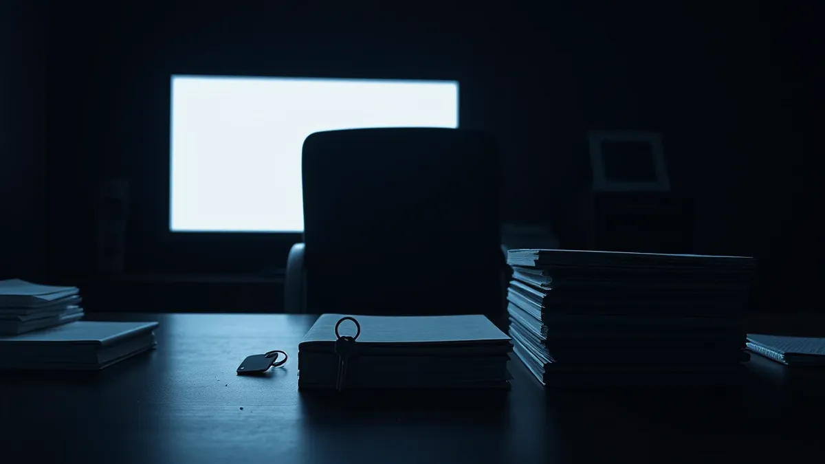 Illustration: A solitary office chair sits empty at a cluttered desk, facing a blank monitor.