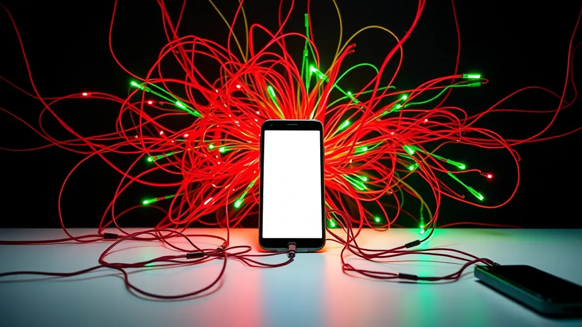Illustration: A white desk hosts a single smartphone displaying a blank screen, surrounded by a chaotic tangle of red and green wires that mimic frantic, overlapping notification a