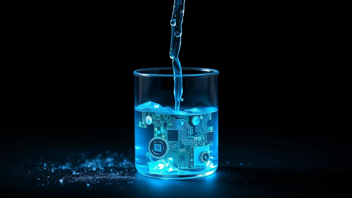Illustration: A glowing blue liquid pours from a shattered computer motherboard into a glass beaker.