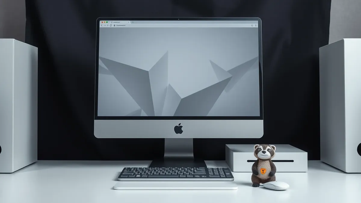 Illustration: A sleek silver desktop computer sits on a minimalist desk, its monitor displaying a blank web browser window with abstract gray shapes.