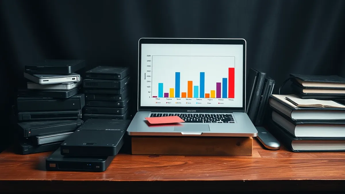 Illustration: A cluttered wooden desk holds several stacked external hard drives and a single open laptop displaying blank, colorful bar charts on its screen.