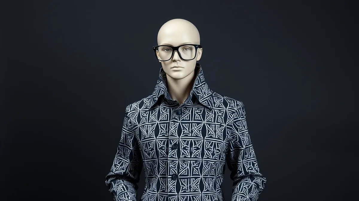 Illustration: A mannequin head wears a high-collared jacket and thick-rimmed glasses featuring intricate geometric patterns.