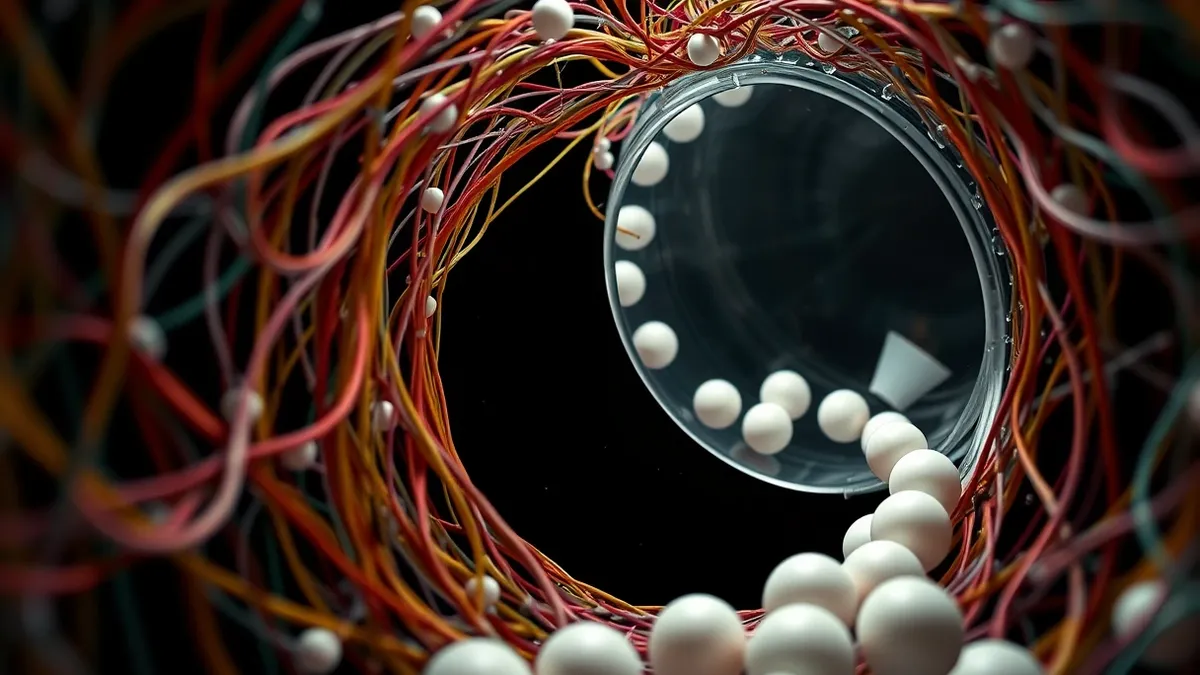 Illustration: A transparent glass tunnel spirals through a dense forest of tangled, colored wires.
