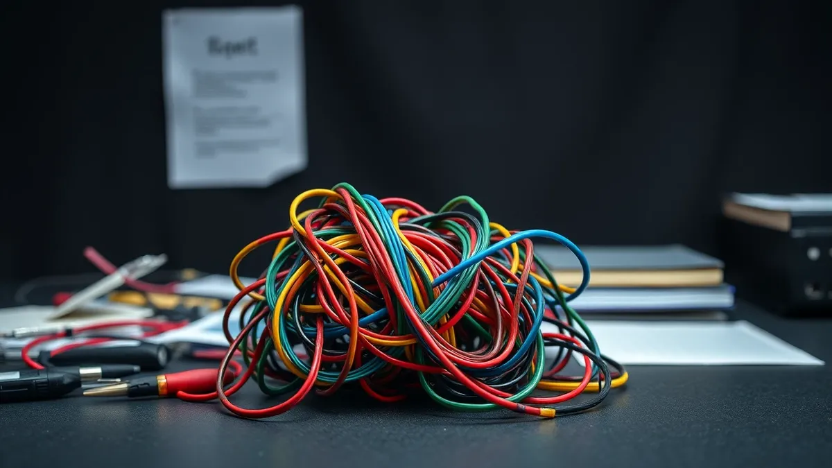 Illustration: A tangled knot of colorful wires sits on a cluttered desk, representing complex heuristic calculations.