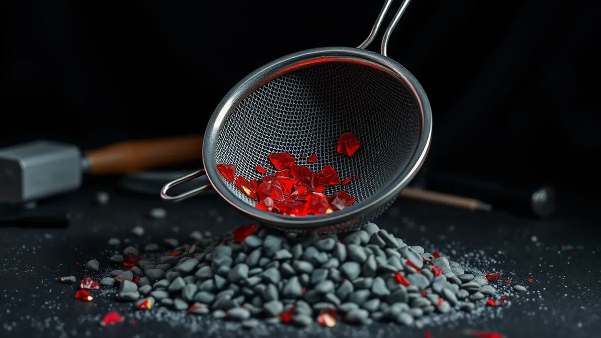 Illustration: A sleek, metallic sieve sits on a cluttered workbench, separating glowing red shards from a pile of dull grey pebbles.
