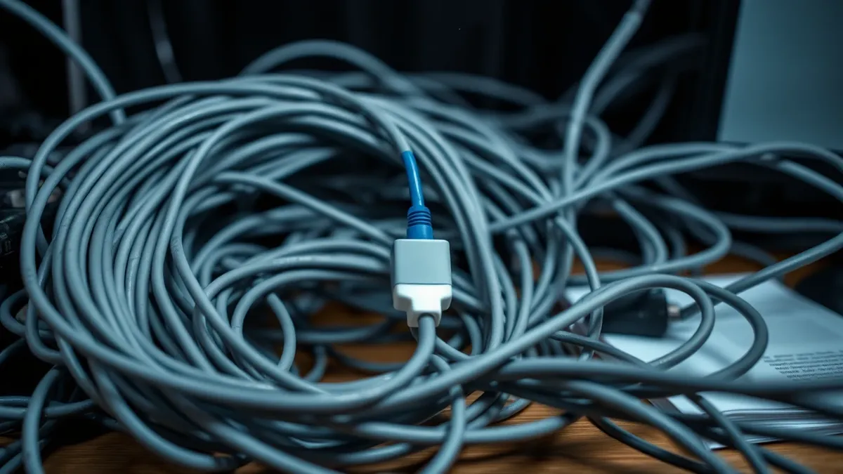 Illustration: A tangled nest of gray data cables snakes through a chaotic office desk.