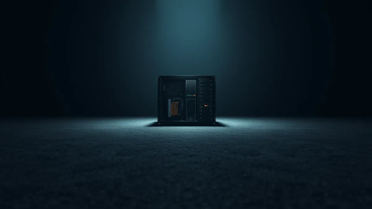 Illustration: A single misconfigured database server sits exposed in an open field, its protective casing removed to reveal glowing internal components.
